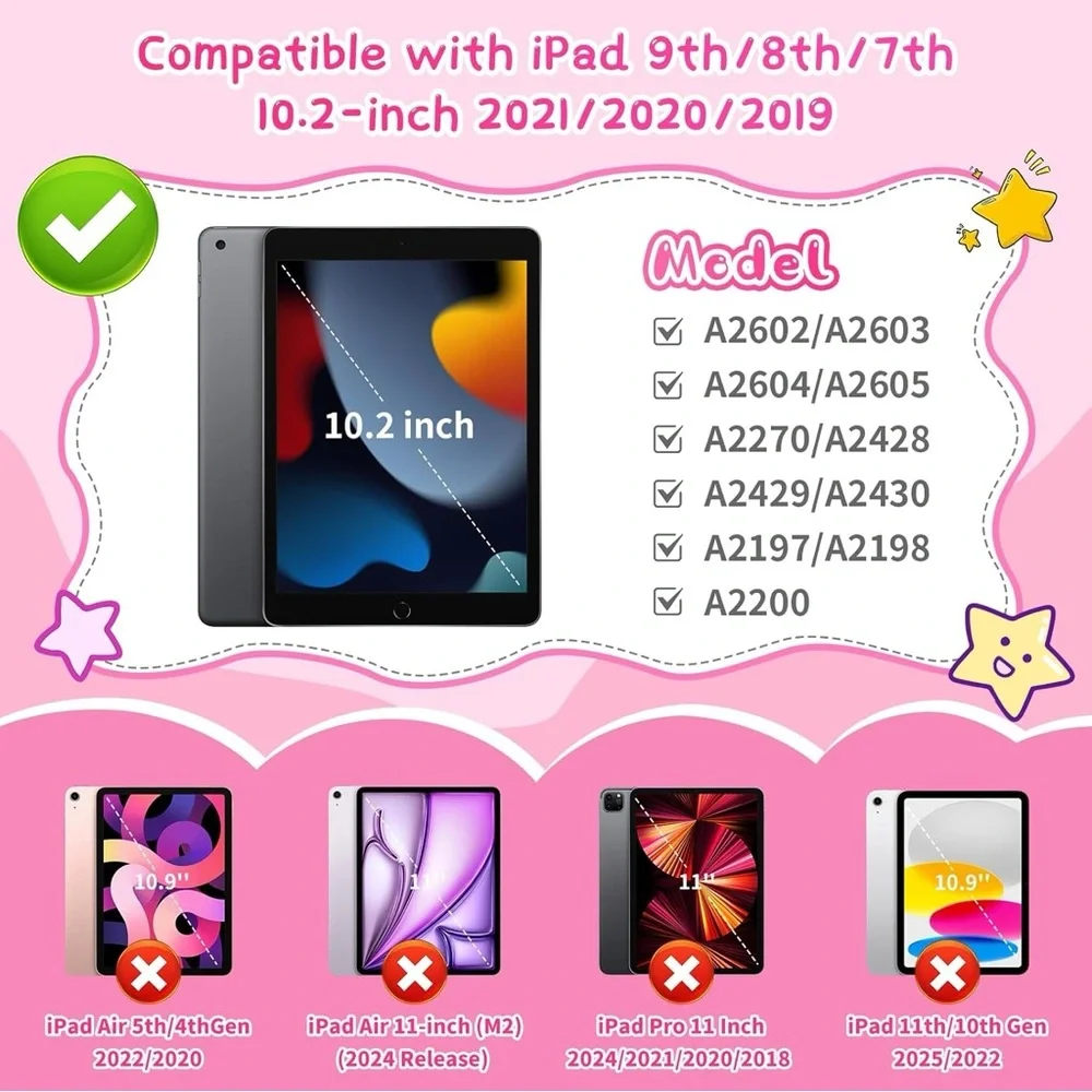 Kids iPad 10.2 Inch Case Pink Strawberry Stand Strap 7th 8th 9th Gen